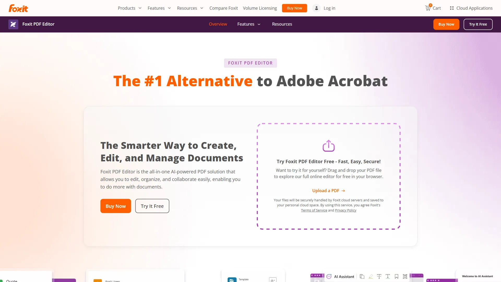 Foxit PDF Editor desktop interface with AI Assistant and editing tools