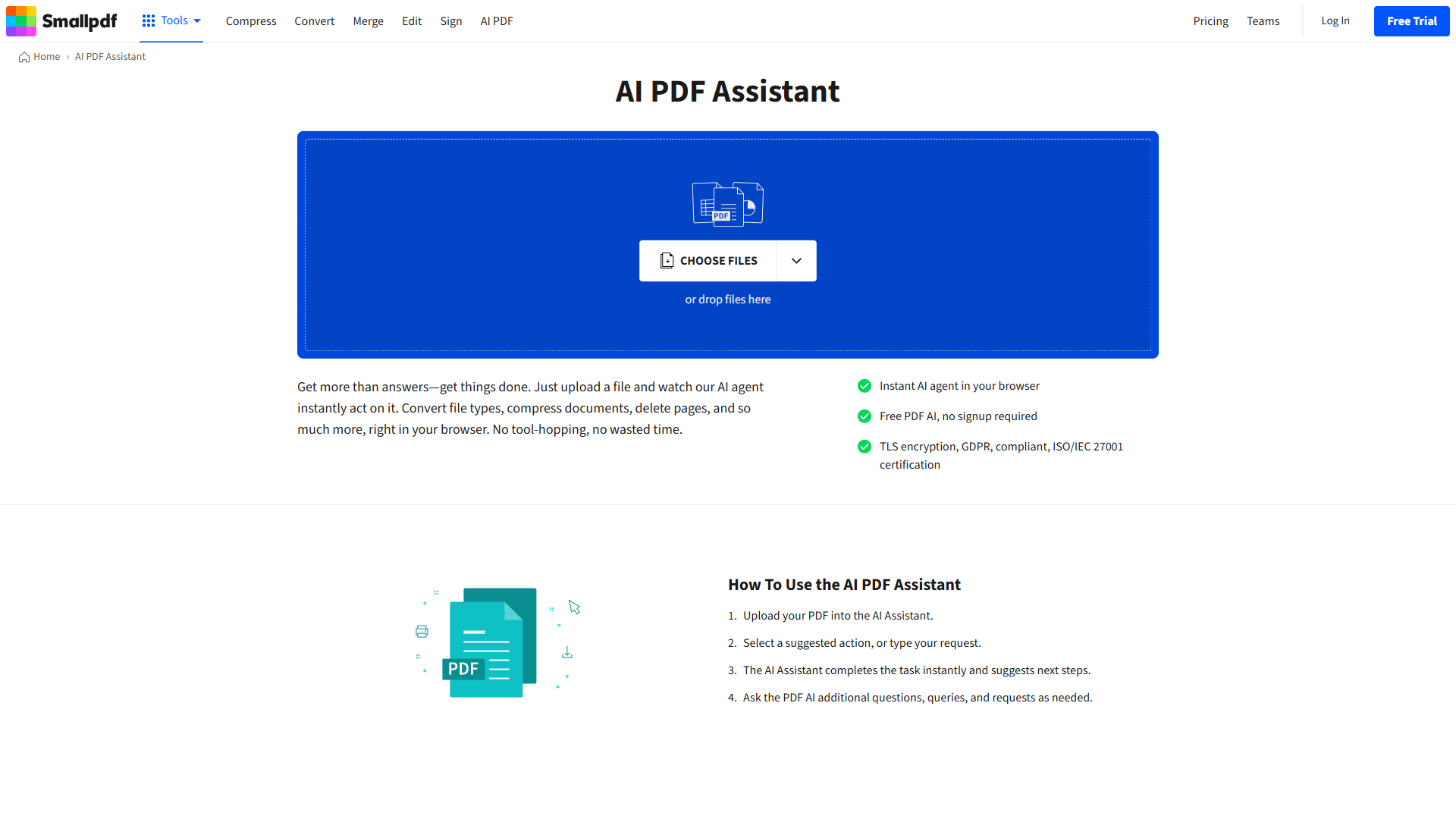 Smallpdf tool suite showing AI-powered document scanning and conversion features