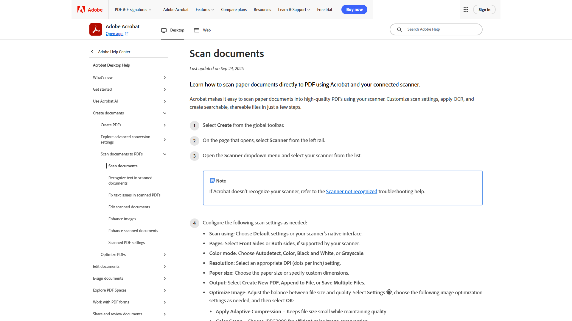 Adobe Acrobat OCR feature documentation page