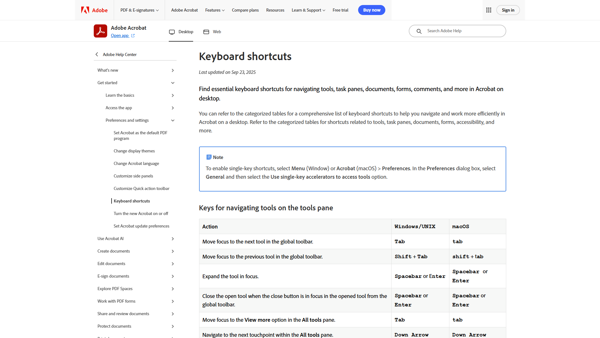 Adobe Acrobat keyboard shortcuts reference page