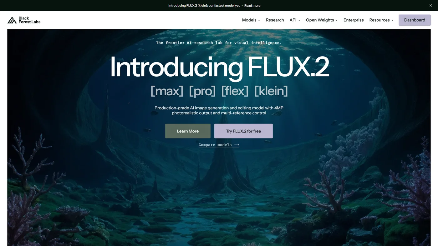 Black Forest Labs homepage introducing FLUX.2 with max, pro, flex, and klein model variants for production-grade AI image generation