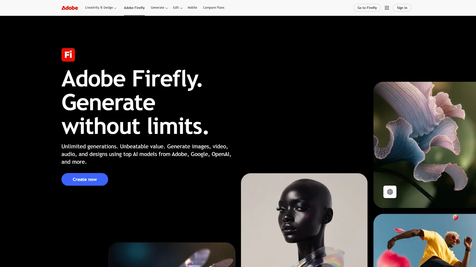 Adobe Firefly homepage showcasing AI-powered image generation tools