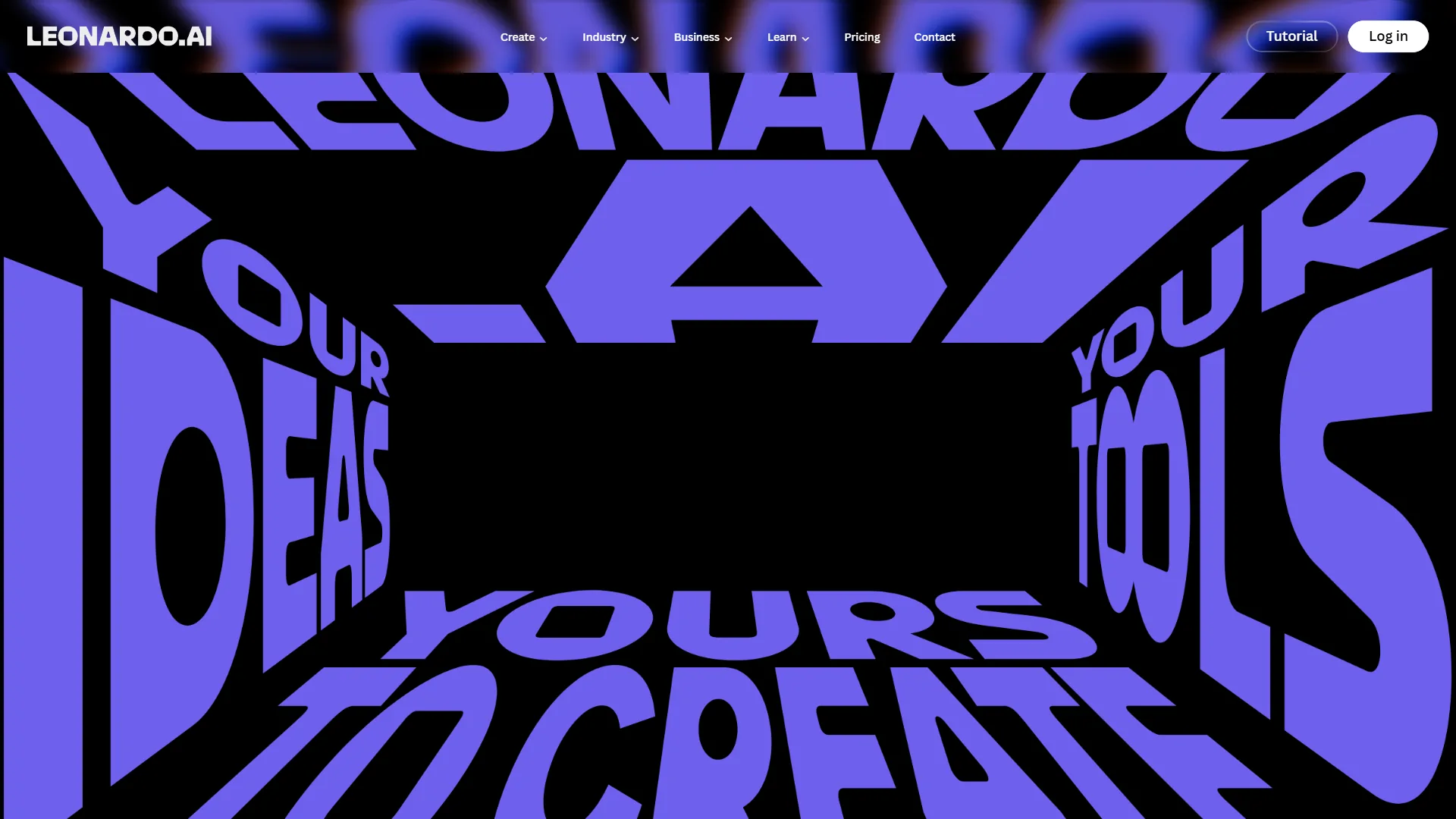 Leonardo AI homepage with bold purple typographic hero reading Your Ideas Your Tools Yours to Create