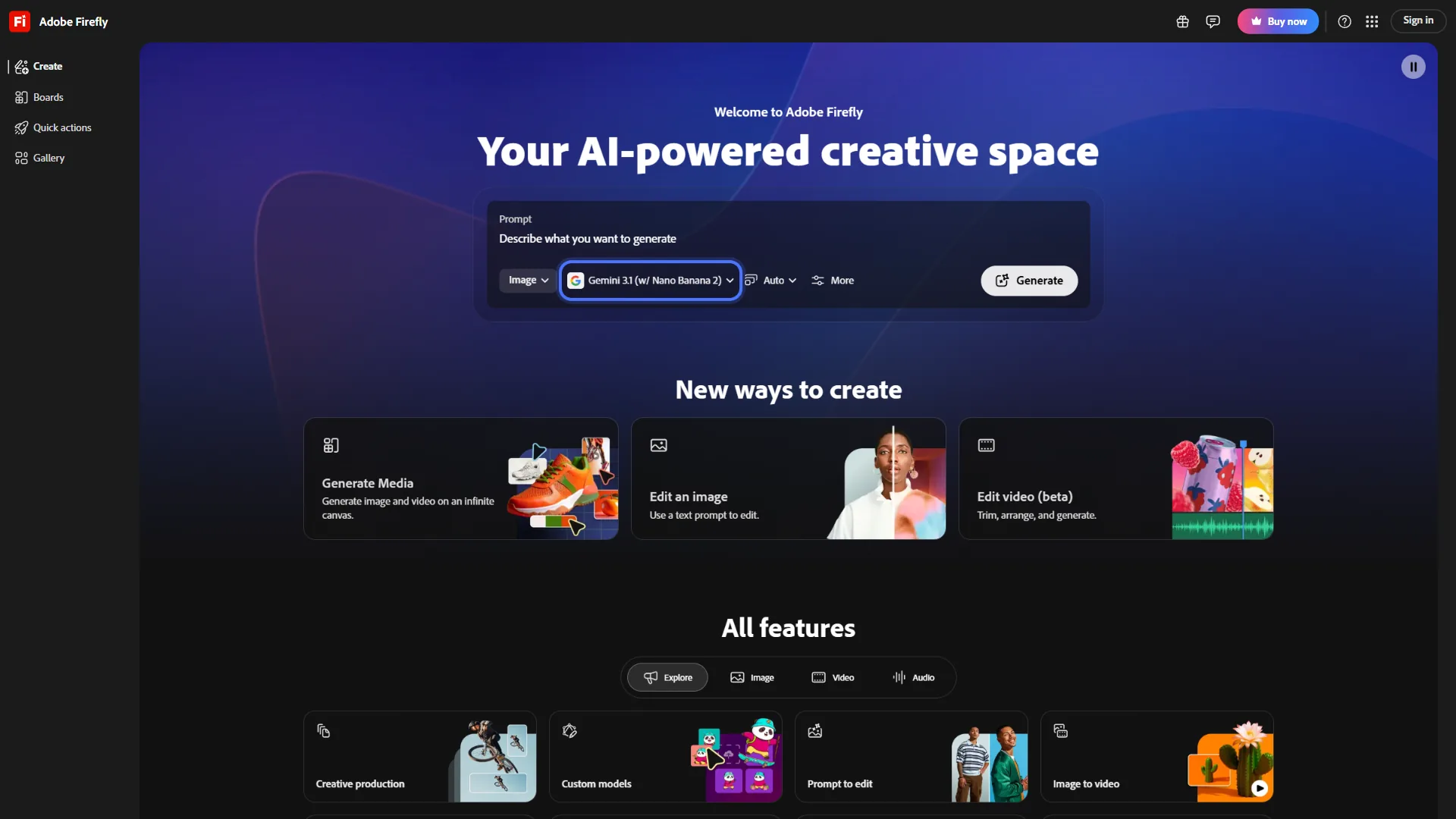 Adobe Firefly image generation interface with style controls and prompt input