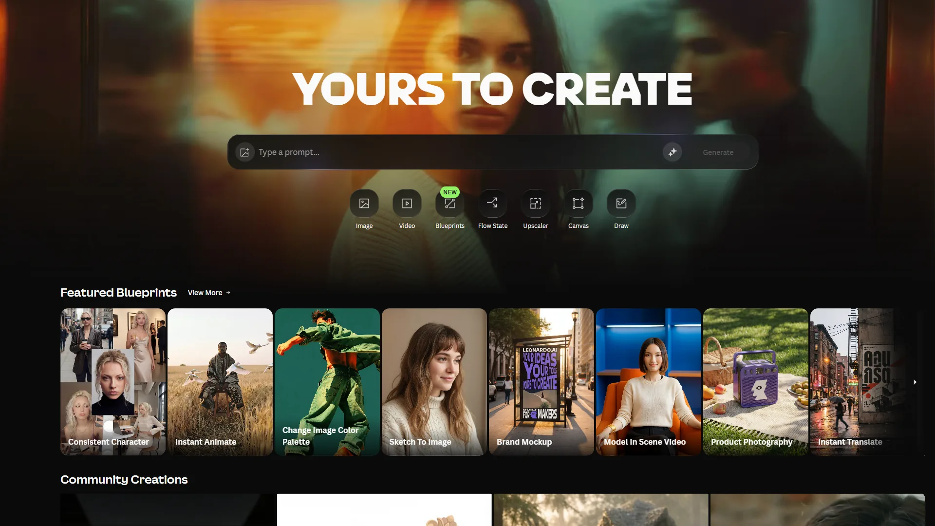 Leonardo AI homepage showing Yours to Create prompt bar, Featured Blueprints, and Community Creations
