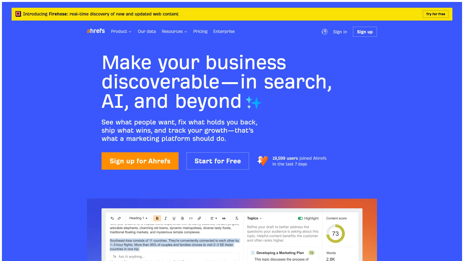 Ahrefs blue homepage with Make your business discoverable in search AI and beyond heading