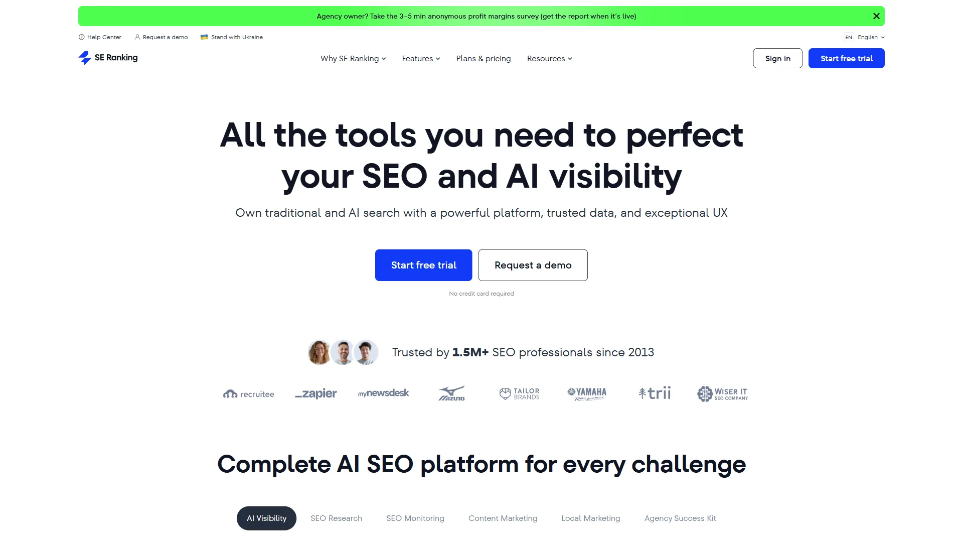 SE Ranking homepage featuring All the tools you need to perfect your SEO and AI visibility headline