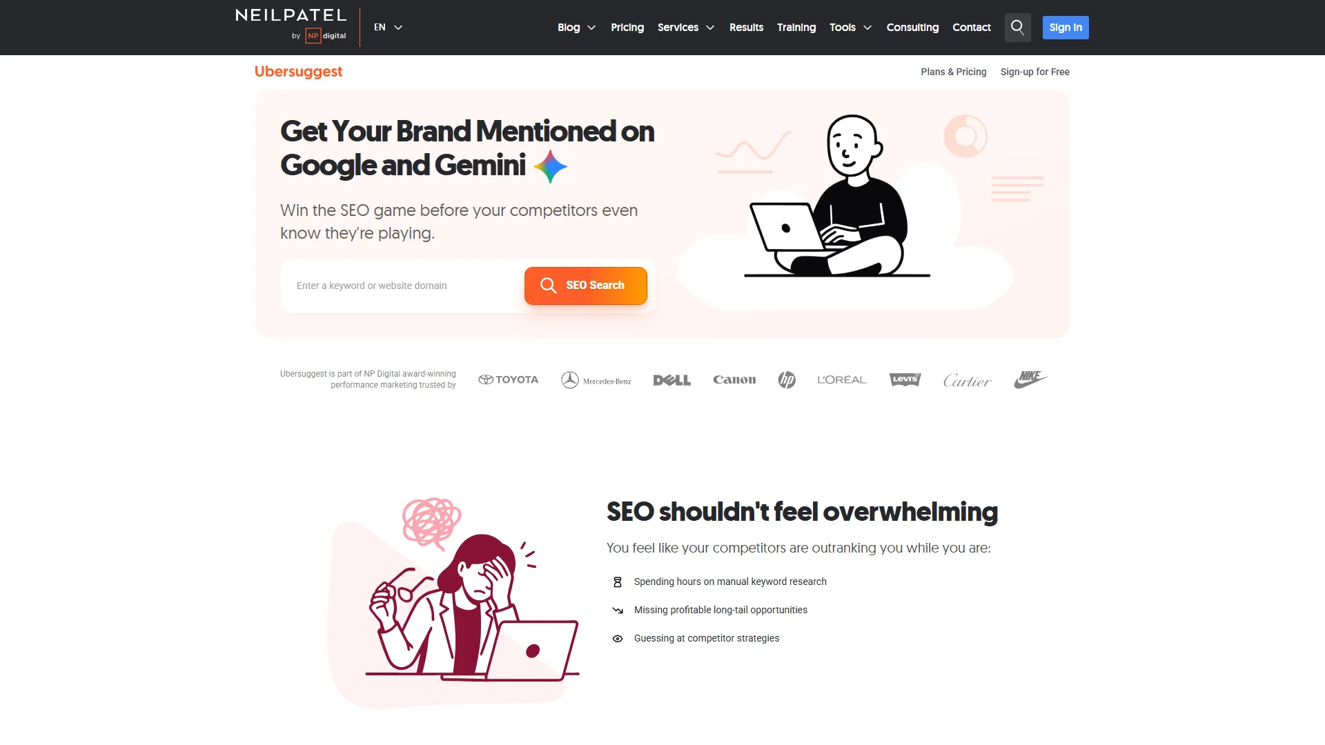 Ubersuggest homepage with Get Your Brand Mentioned on Google and Gemini heading and SEO search bar