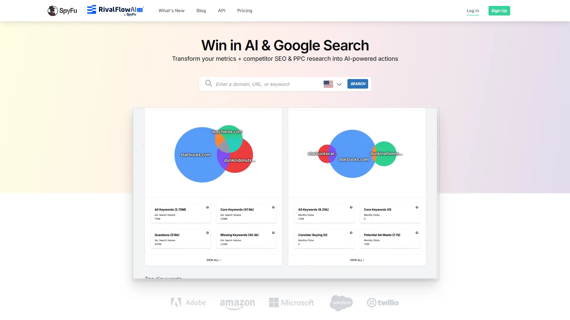 SpyFu homepage featuring Win in AI and Google Search headline with competitor keyword overlap Venn diagrams