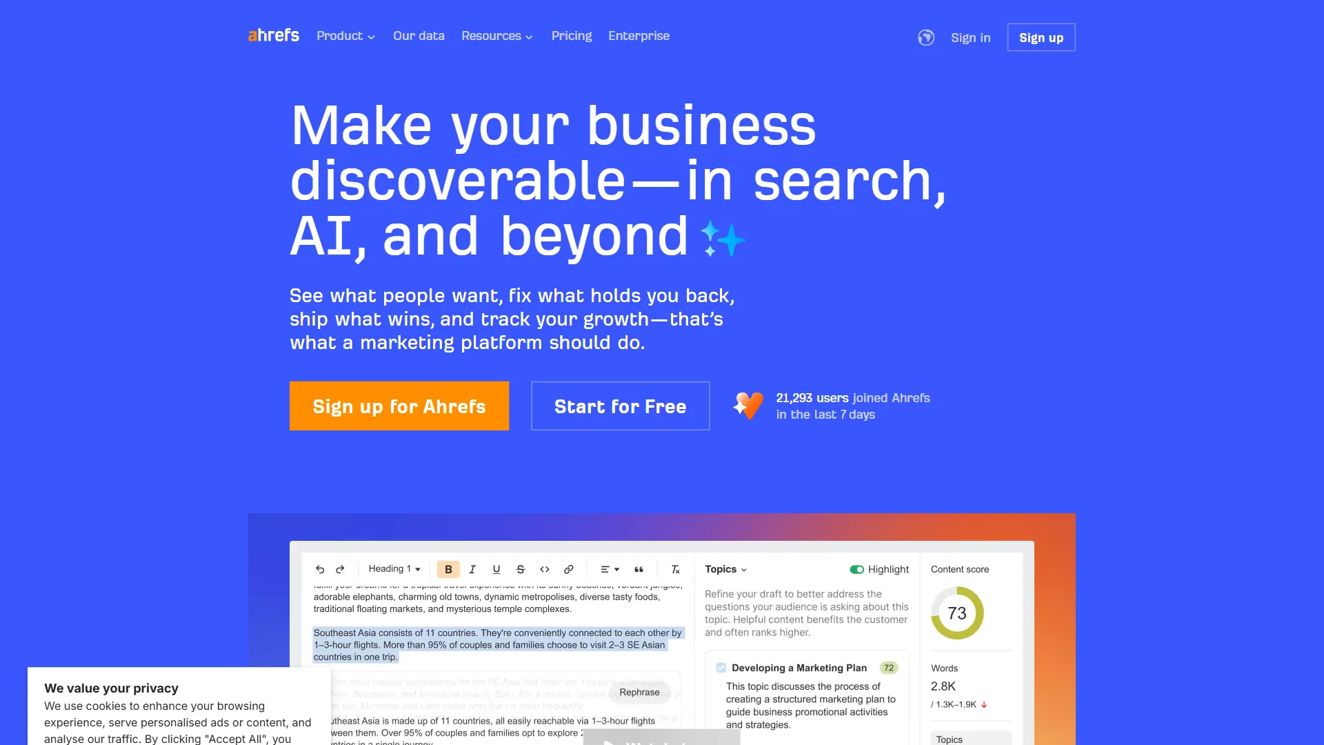 Ahrefs homepage showing backlink database and SEO tools