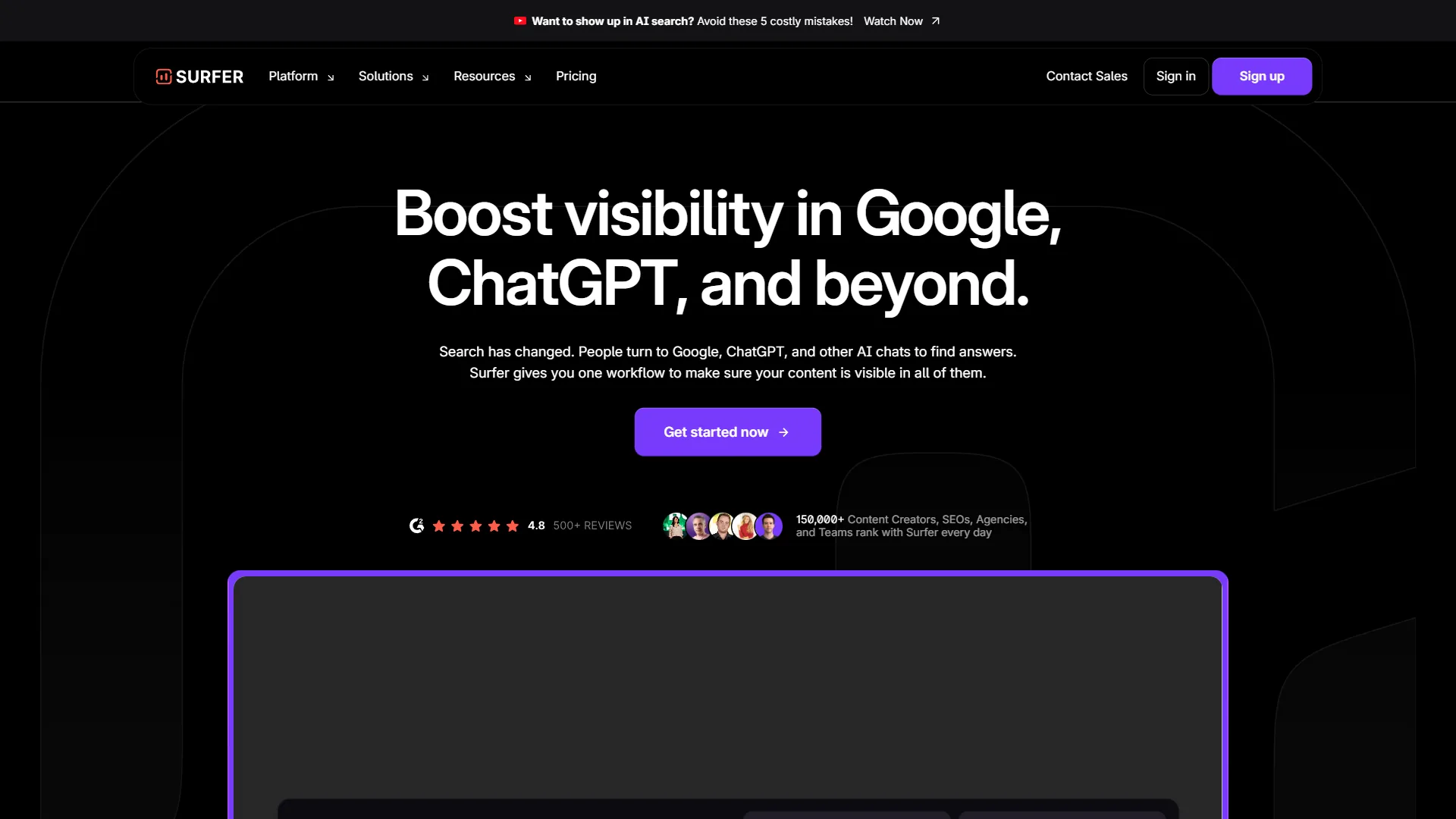 Surfer SEO homepage showing content editor and optimization tools