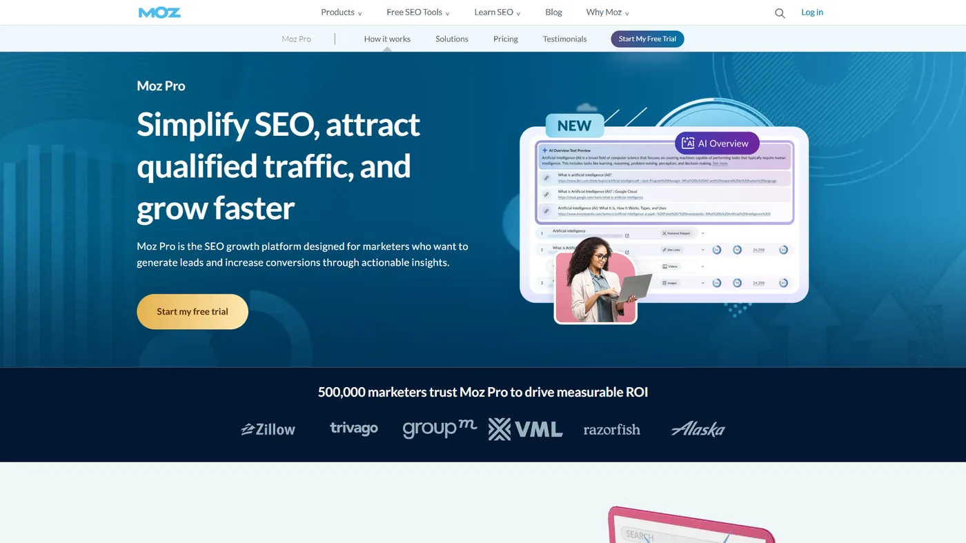 Moz Pro SEO platform showing Domain Authority metrics and keyword research tools
