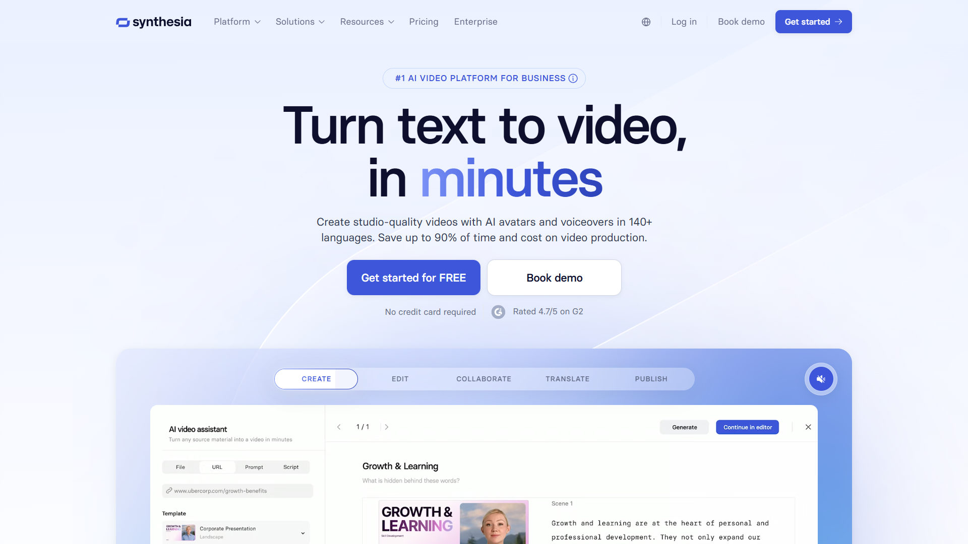Synthesia homepage showing AI video generation interface