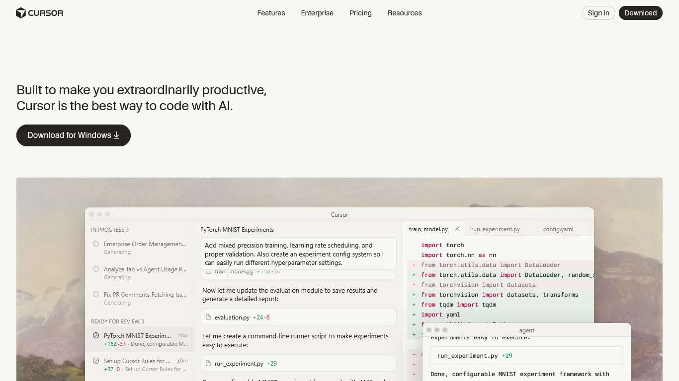 Cursor AI-first code editor interface showing Composer agent and multi-file editing capabilities