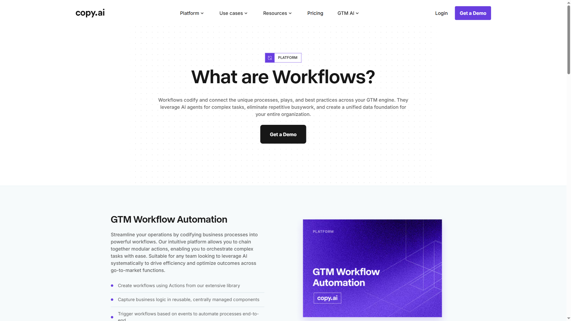 Copy.ai workflow builder showing multi-step content creation with custom agent configuration