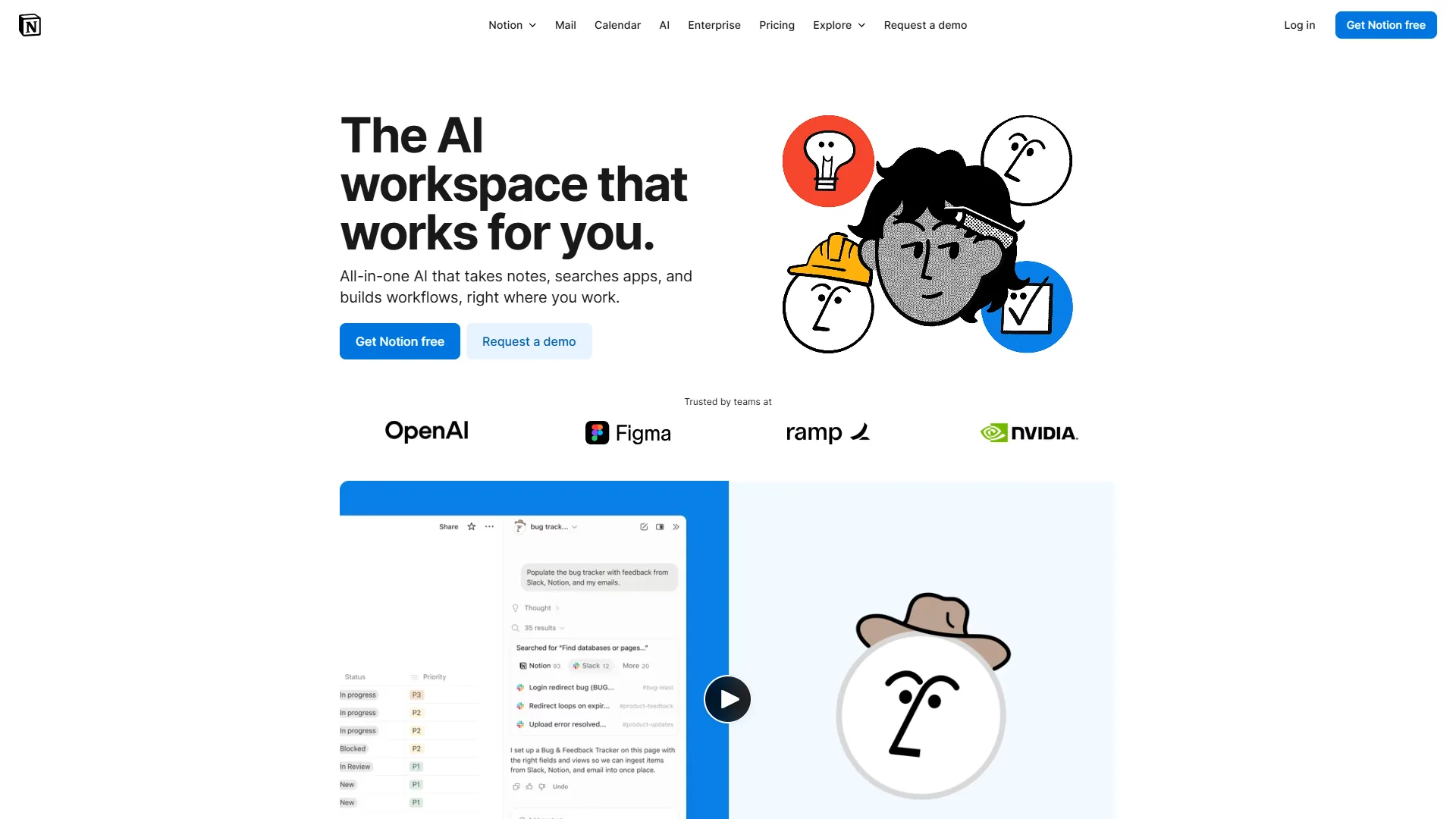 Notion homepage with headline 'The AI workspace that works for you' and partner logos