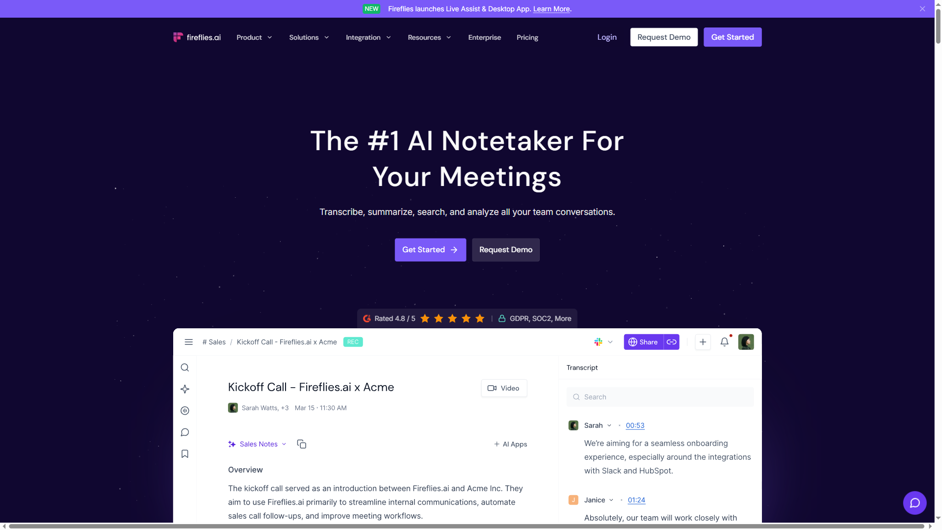Fireflies.ai homepage showing meeting automation and CRM integrations