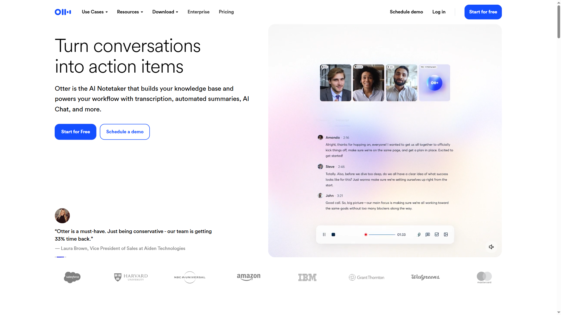 Otter.ai homepage showing AI meeting transcription features