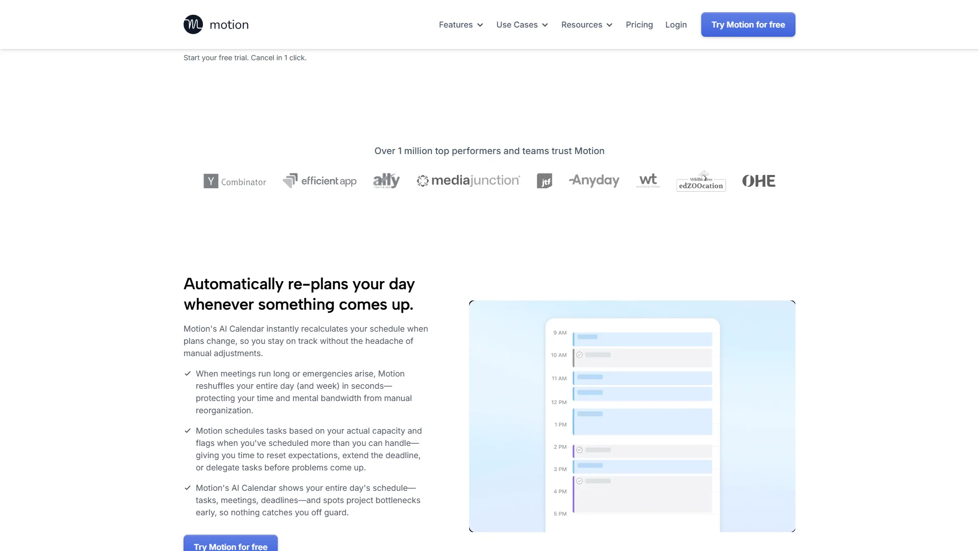 Motion AI calendar dashboard showing automatic task scheduling