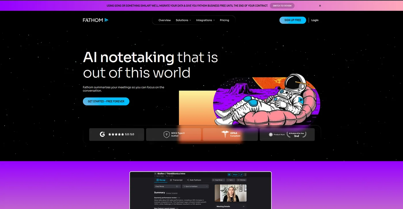 Fathom video meeting assistant interface showing note-taking and transcription features