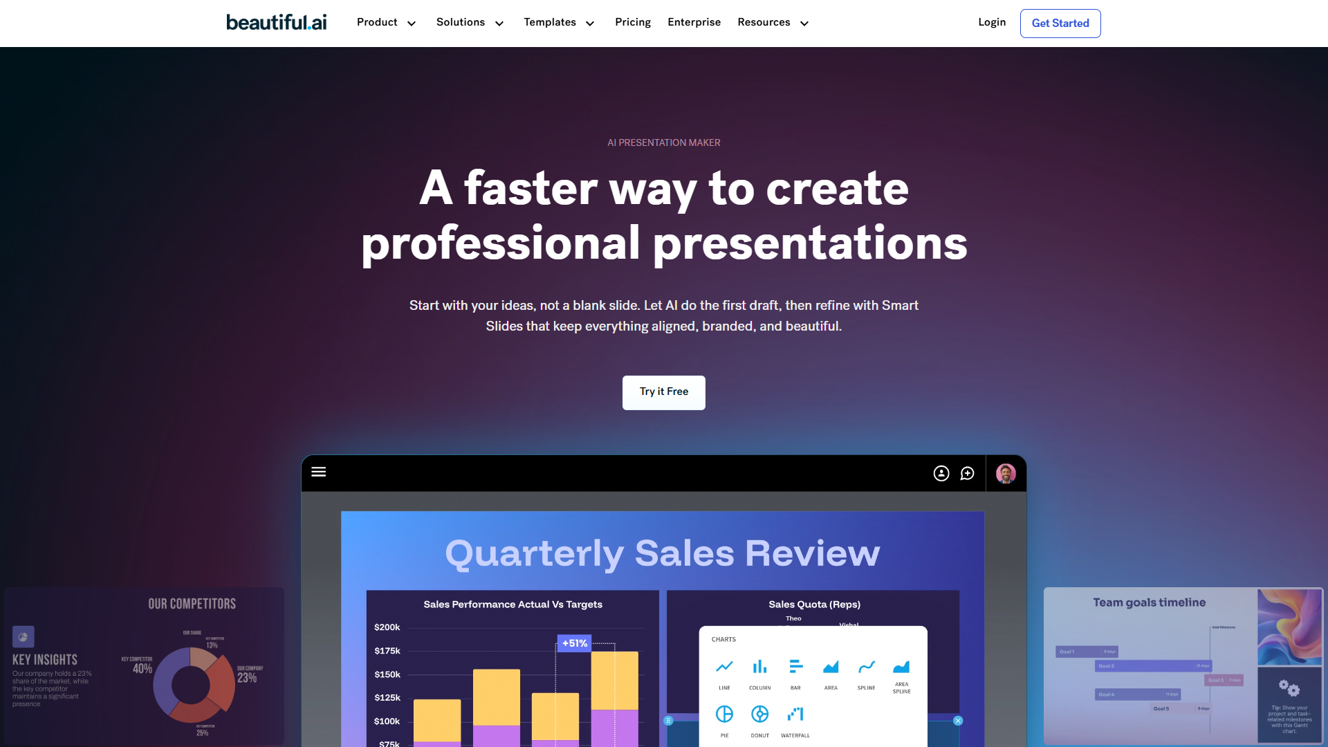 Beautiful.ai homepage showing Smart Slides auto-formatting feature