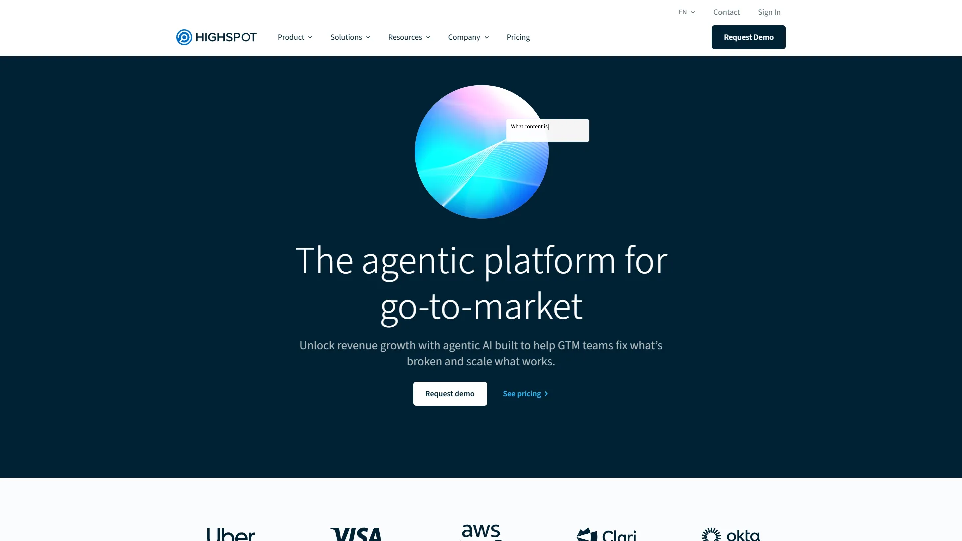 Highspot homepage with headline 'The agentic platform for go-to-market' and logos for Uber and Visa