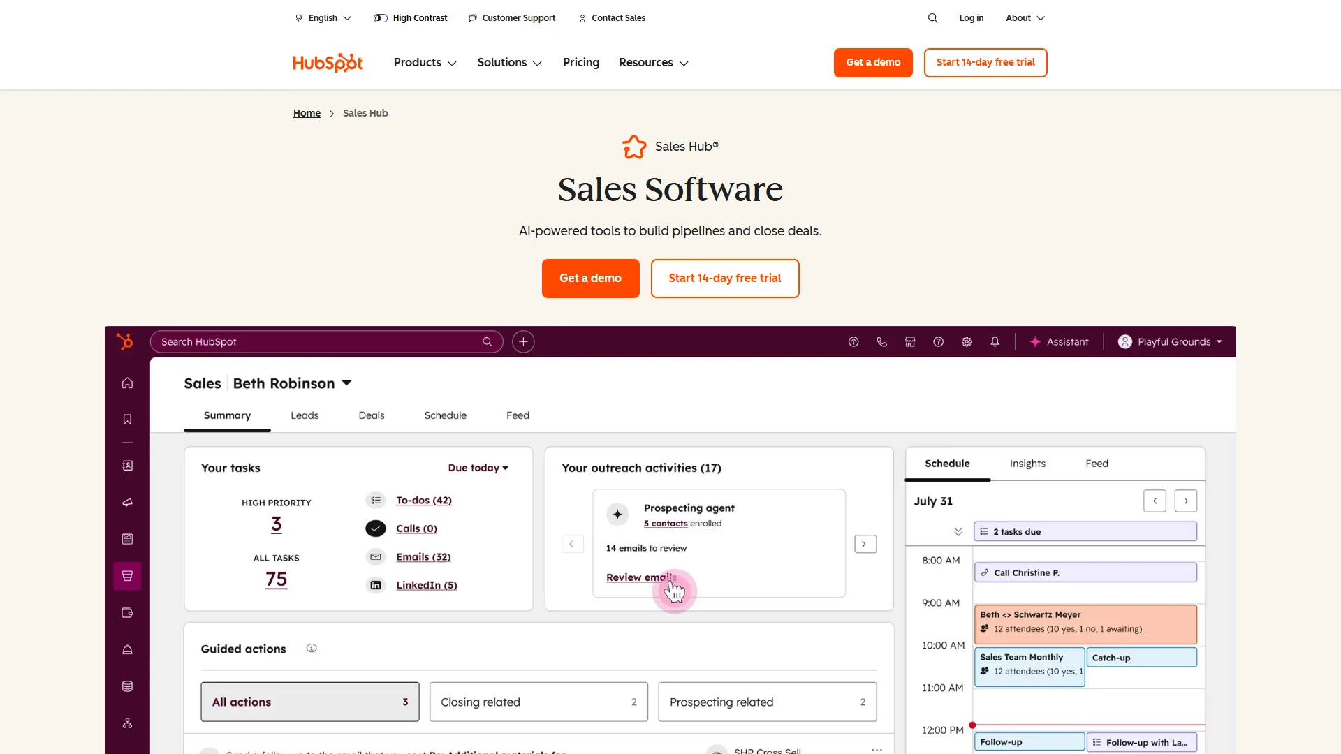 HubSpot Sales Hub page with product UI showing tasks, outreach activities, and a daily schedule