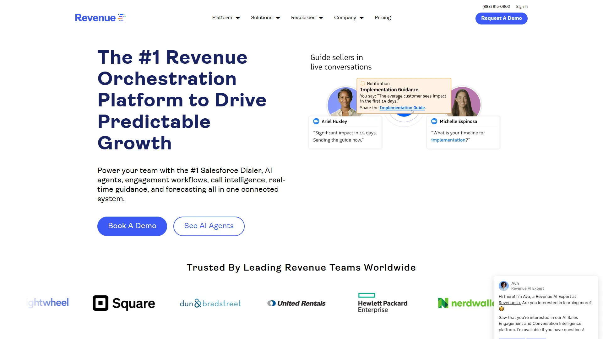 Revenue.io homepage with headline about the #1 Revenue Orchestration Platform and a live call demo
