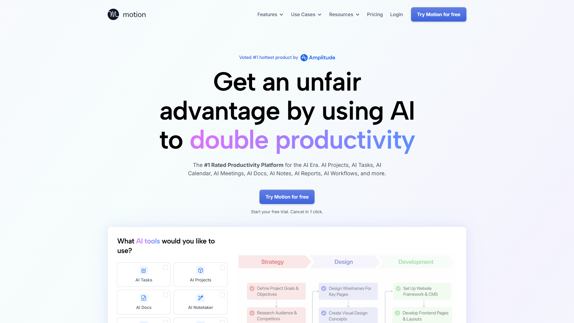 Motion interface showing unified calendar and task management
