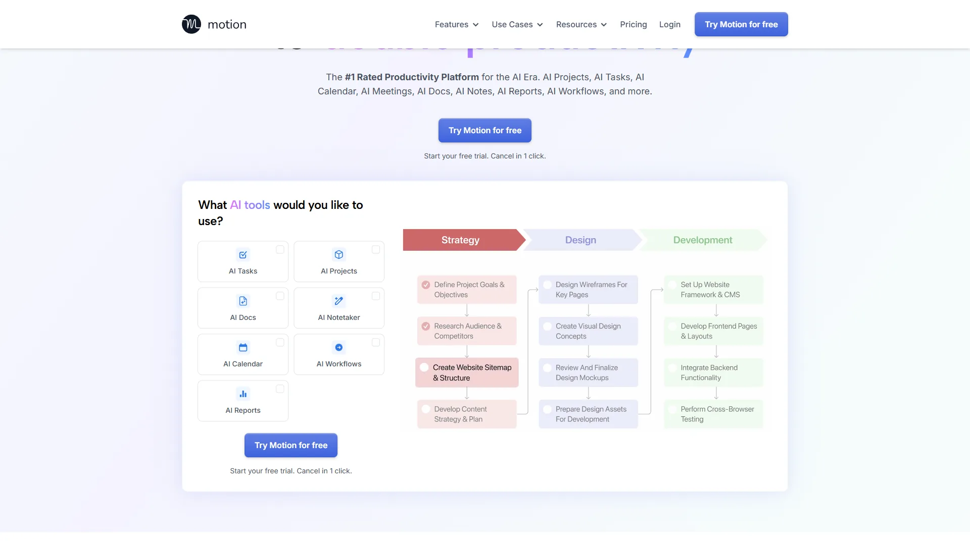 Motion website showing AI tool categories and a project workflow board with strategy, design, development