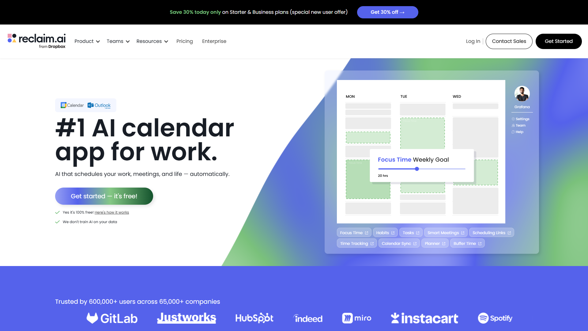 Reclaim AI dashboard showing habit scheduling and task management