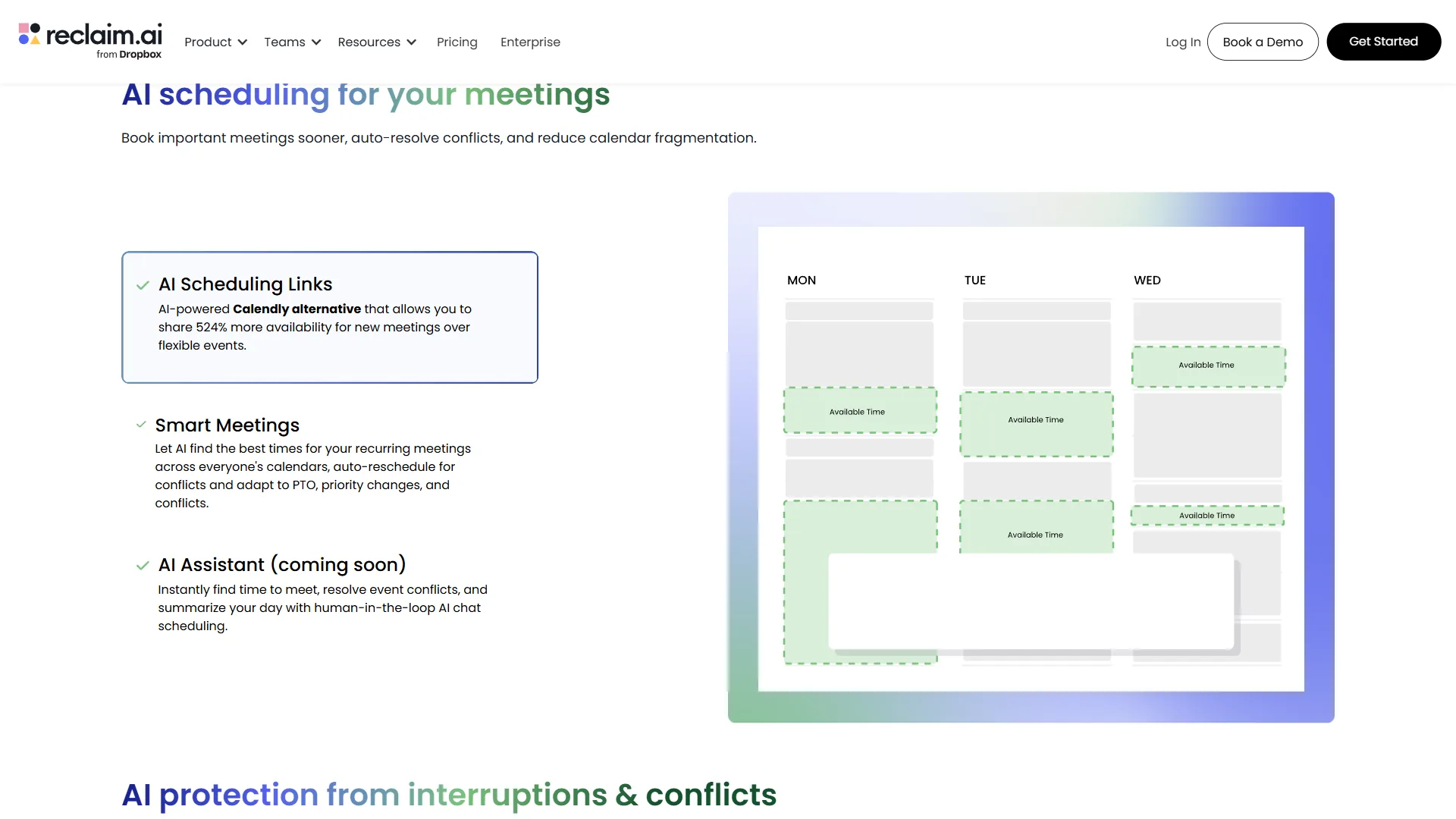 Reclaim AI page about meeting scheduling with Smart Meetings, scheduling links, and calendar preview