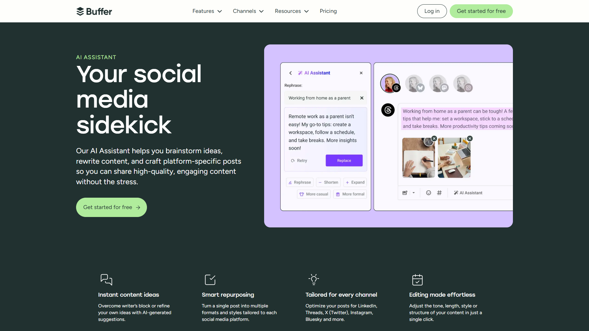 Buffer AI Assistant interface showing content generation and scheduling