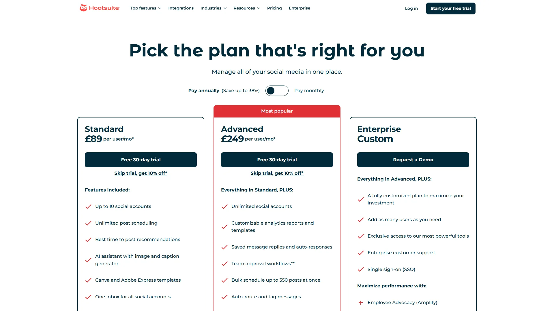 Hootsuite pricing page with Standard, Advanced, and Enterprise plans showing per-seat costs and features