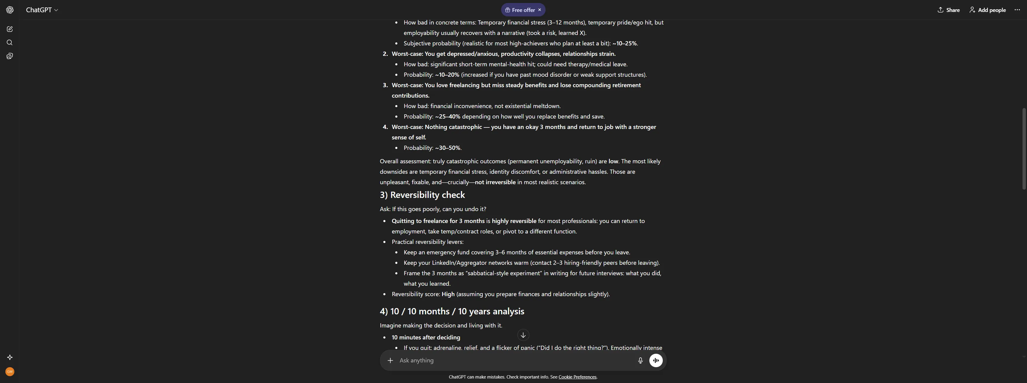 ChatGPT conversation displaying a reversibility check and 10-year impact analysis for a personal decision