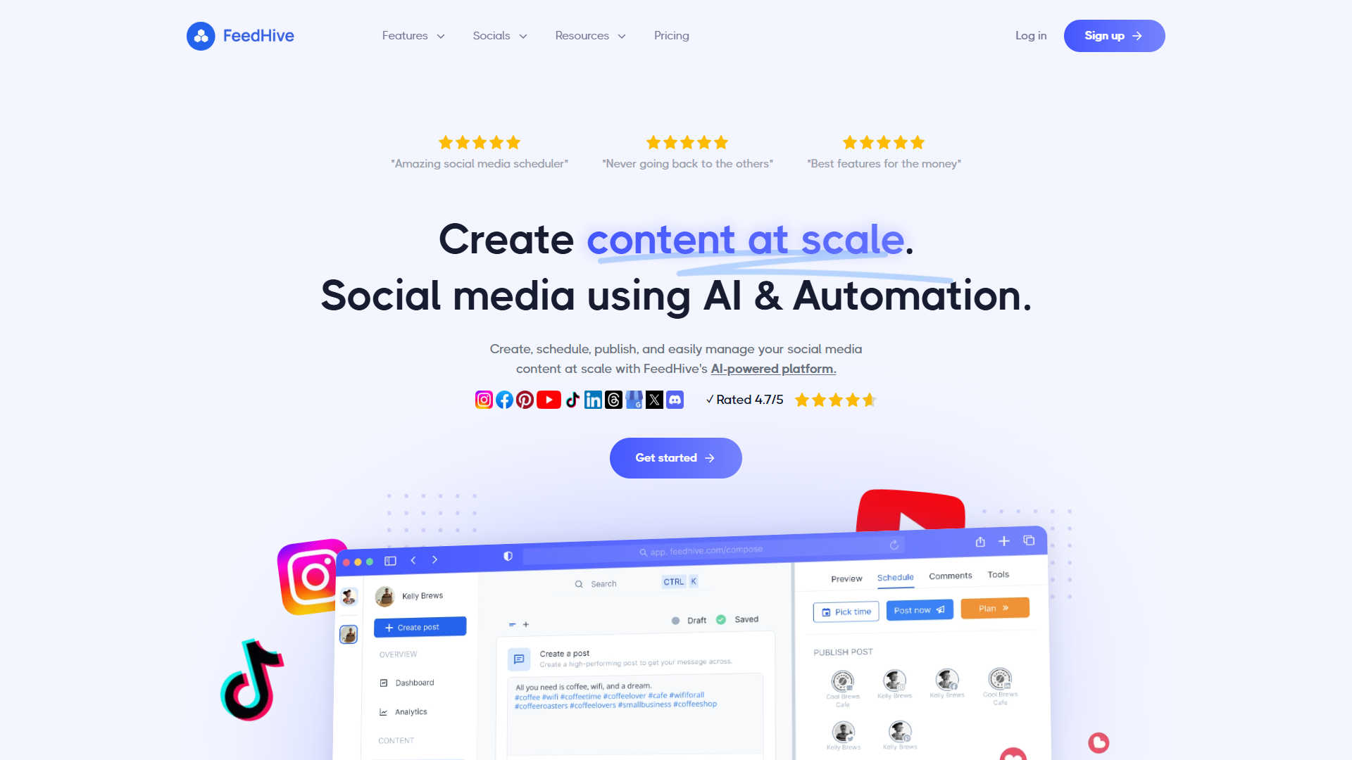 FeedHive dashboard showing AI writing assistant and performance prediction features
