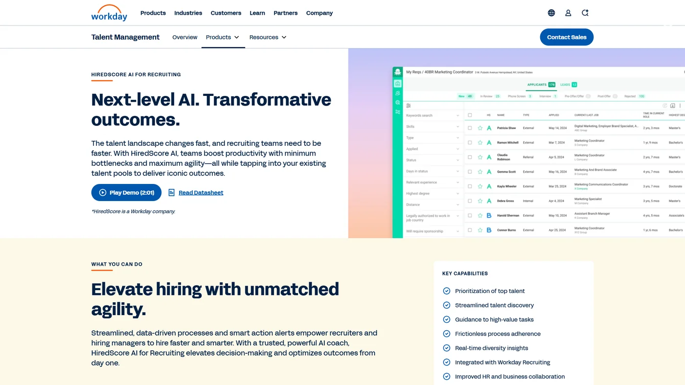 Workday HiredScore AI for Recruiting page showing next-level AI with transformative outcomes and key capabilities