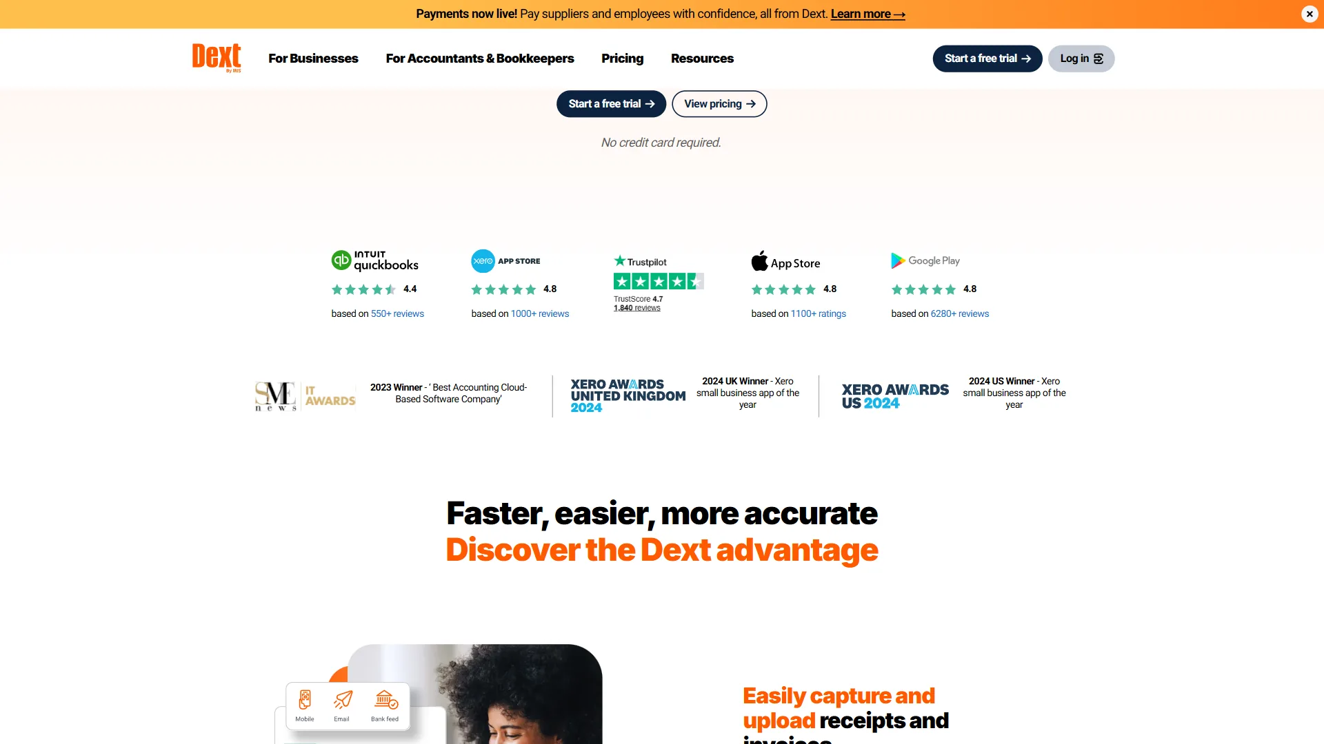 Dext receipt scanning interface showing AI data extraction from paper receipts and invoices