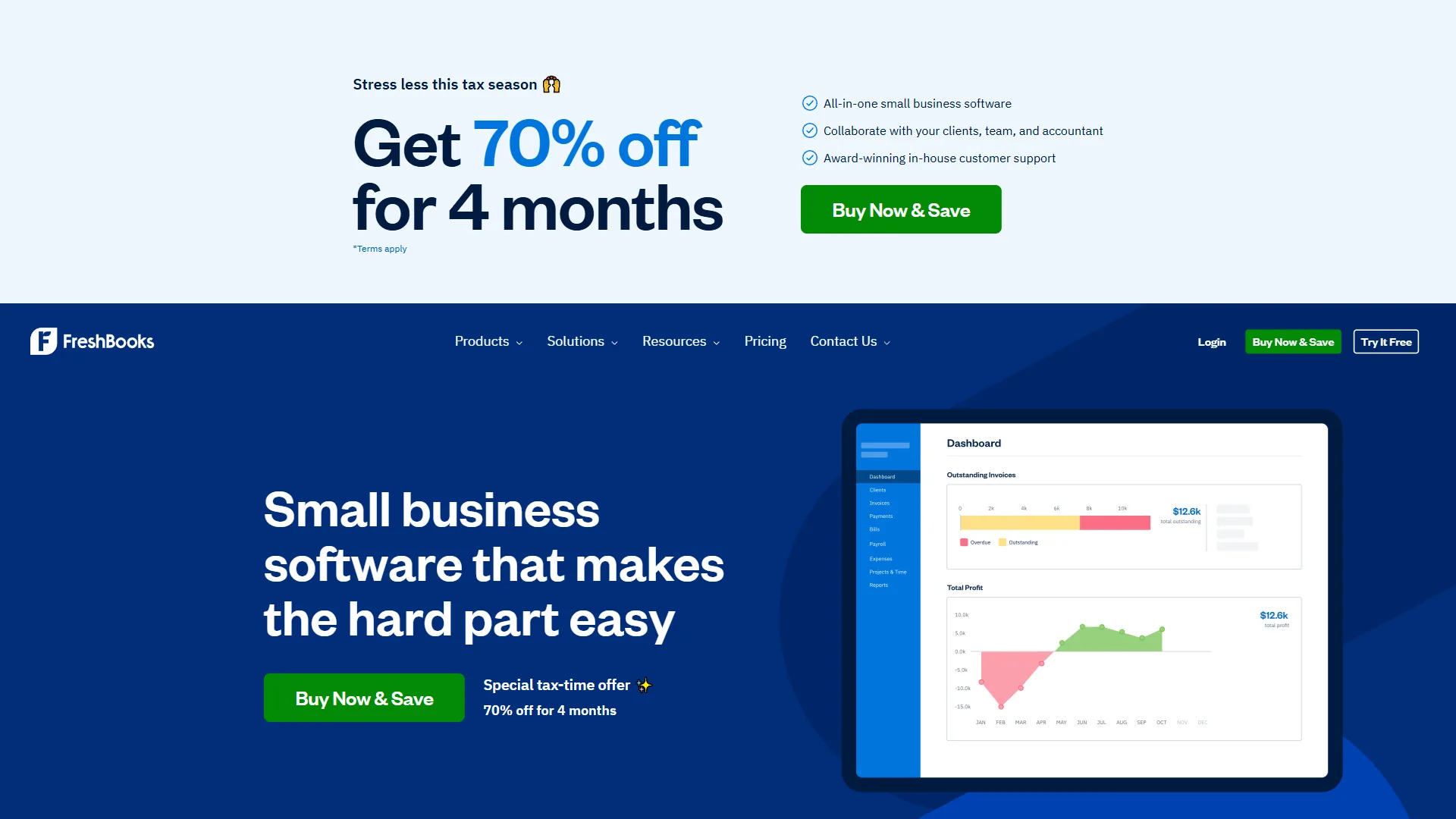 FreshBooks platform showing AI-powered invoicing and expense tracking dashboard