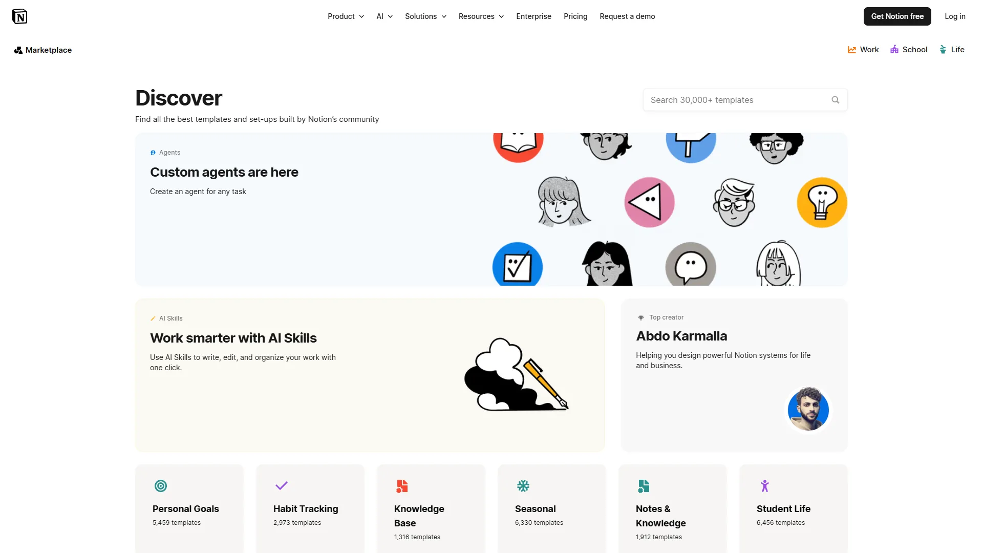 Notion template marketplace with Discover heading, custom agents banner, and AI Skills section