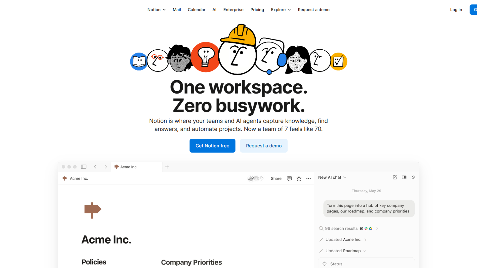 Notion workspace dashboard showing AI features and database views
