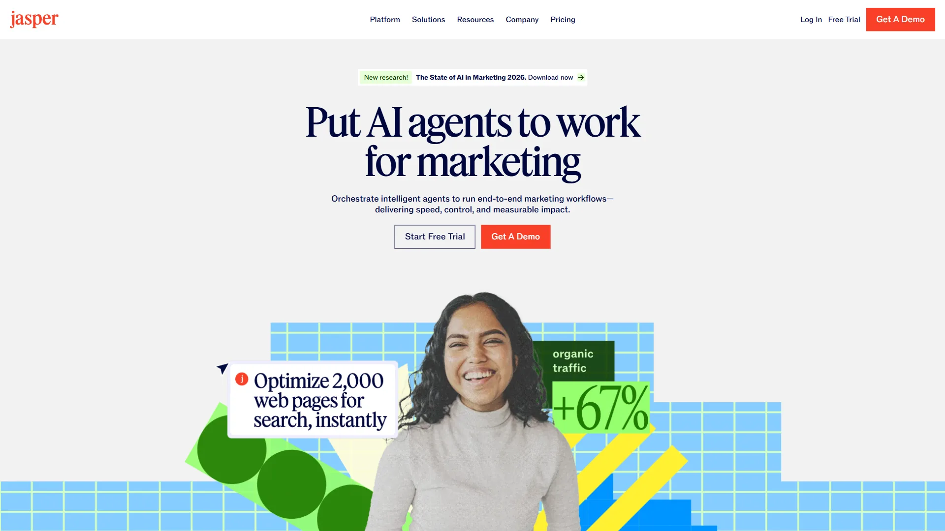 Jasper homepage featuring 'Put AI agents to work for marketing' with organic traffic metrics