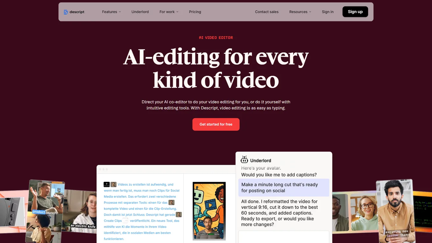 Descript text-based video editor with transcript and timeline view side by side