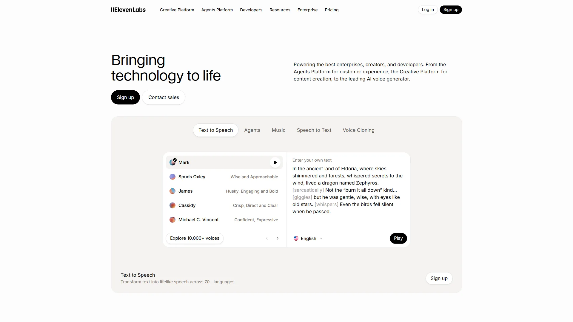 ElevenLabs homepage featuring 'Bringing technology to life' with text-to-speech voice selection demo