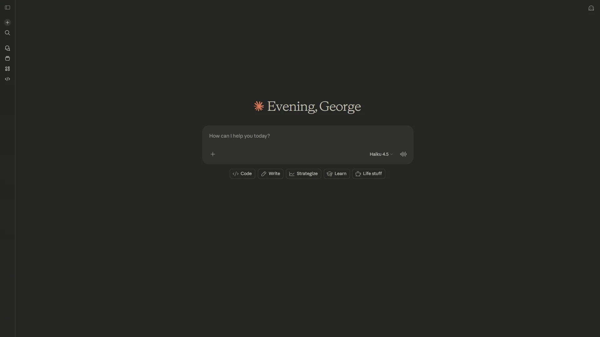 Claude landing screen showing greeting, chat input, and quick-action buttons for Code, Write, Strategize, and Learn