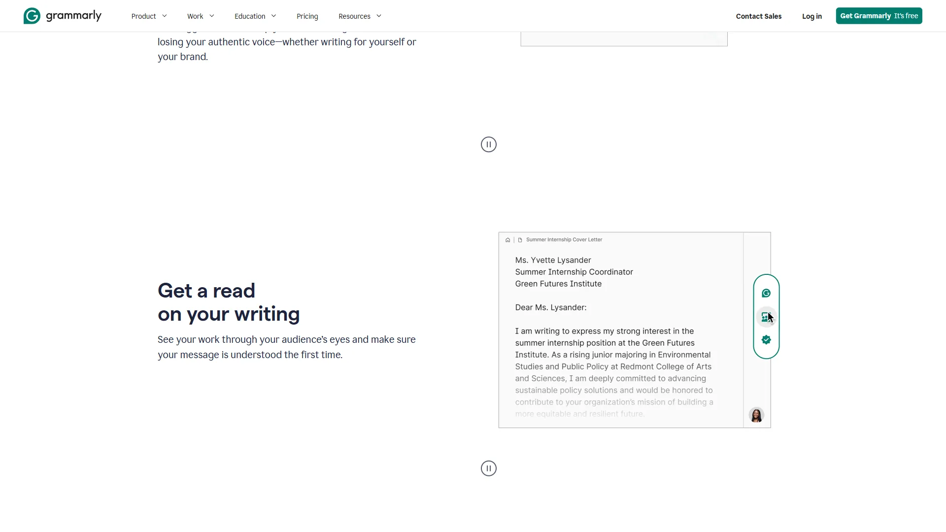 Grammarly homepage mid-section showing a cover letter sample with writing assistant sidebar icons active