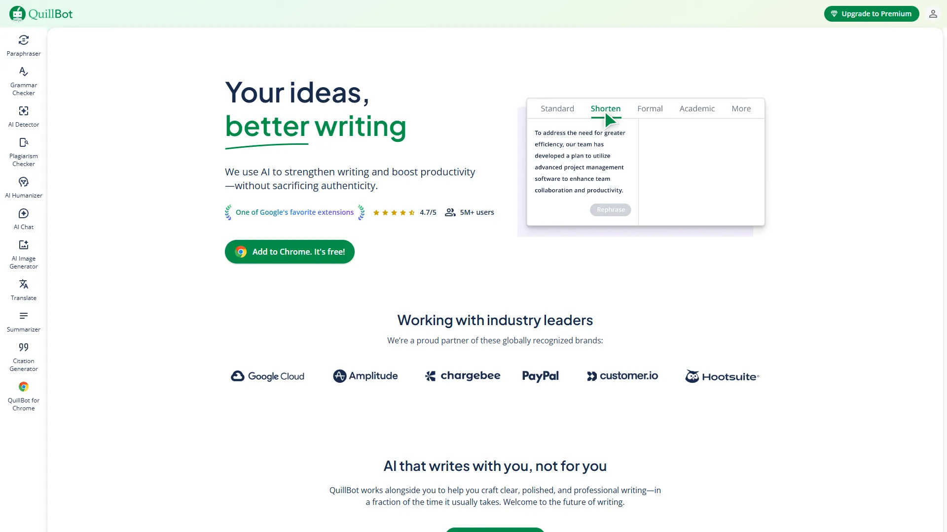 QuillBot homepage showing paraphraser demo with Standard and Fluency mode tabs and partner logos below