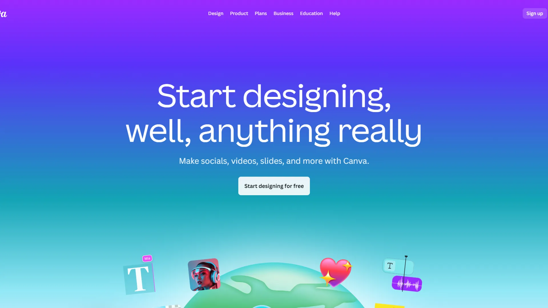 Canva homepage with Start designing well anything really headline on a purple-to-teal gradient