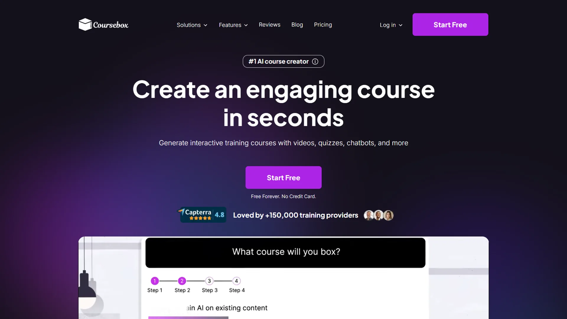 Coursebox homepage with Create an engaging course in seconds headline, step wizard, and review badge