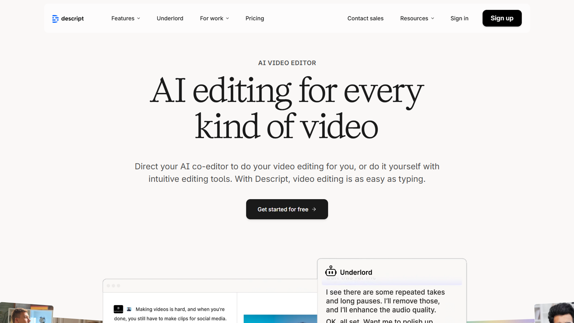 Descript video editor showing transcript-based editing interface with AI filler word removal highlighted